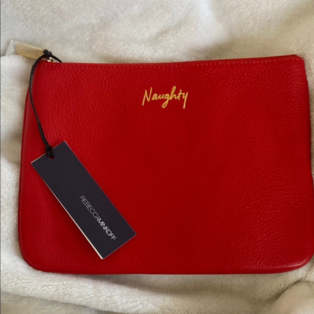 Rebecca Minkoff ❤️ Vibrant Red Clutch with Gold Text and Zipper Closure
